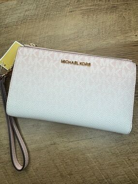 Michael Kors Large Double Zip Pink Blush  Ombre Wristlet Clutchp